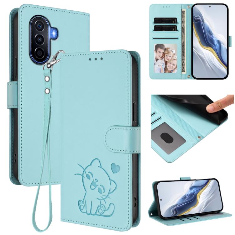 Embossed Heart Cat Leather Phone Case with Hand Strap, For Huawei Enjoy 50 / Enjoy 60 / nova Y70, For Huawei P60 Art