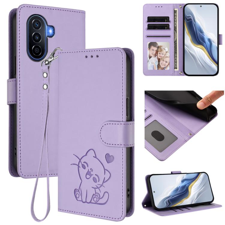 Embossed Heart Cat Leather Phone Case with Hand Strap, For Huawei Enjoy 50 / Enjoy 60 / nova Y70, For Huawei P60 Art