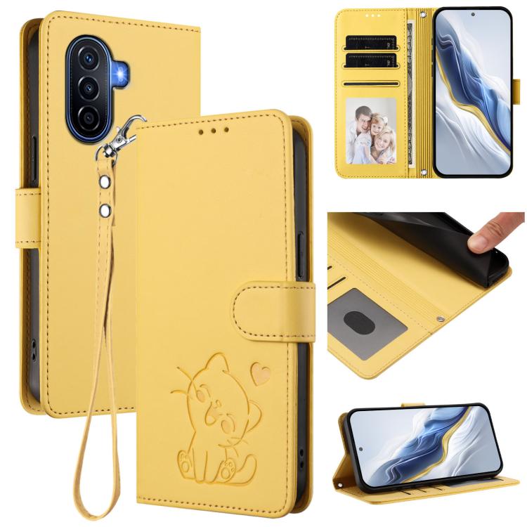 Embossed Heart Cat Leather Phone Case with Hand Strap, For Huawei Enjoy 50 / Enjoy 60 / nova Y70, For Huawei P60 Art
