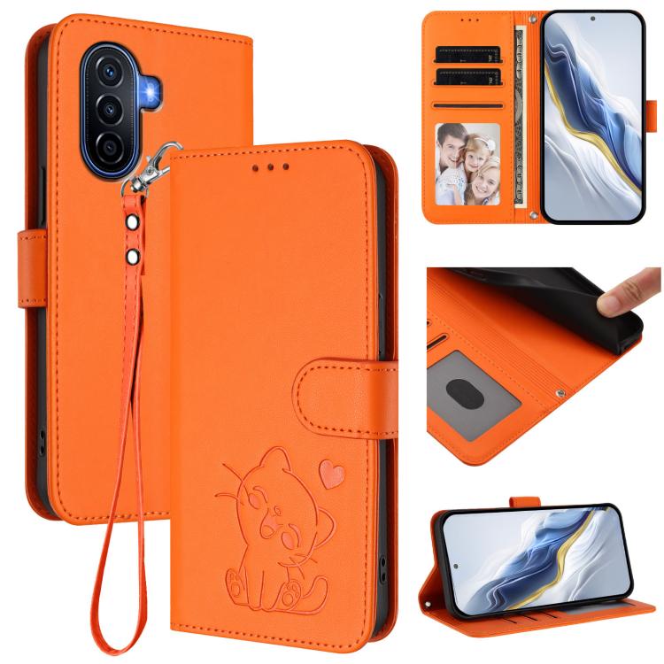 Embossed Heart Cat Leather Phone Case with Hand Strap, For Huawei Enjoy 50 / Enjoy 60 / nova Y70, For Huawei P60 Art