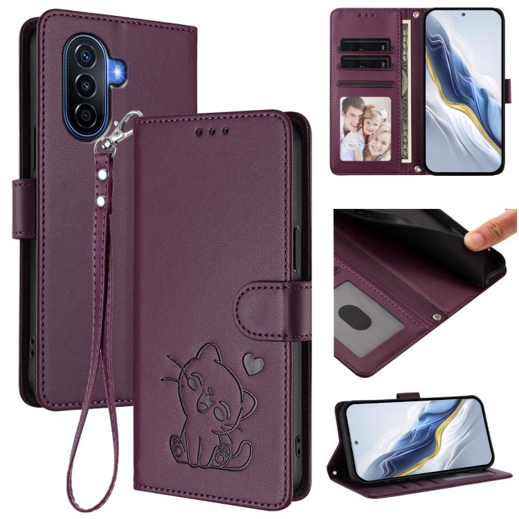Embossed Heart Cat Leather Phone Case with Hand Strap, For Huawei Enjoy 50 / Enjoy 60 / nova Y70, For Huawei P60 Art