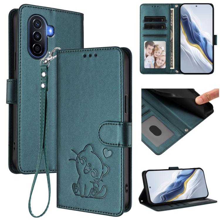 Embossed Heart Cat Leather Phone Case with Hand Strap, For Huawei Enjoy 50 / Enjoy 60 / nova Y70, For Huawei P60 Art