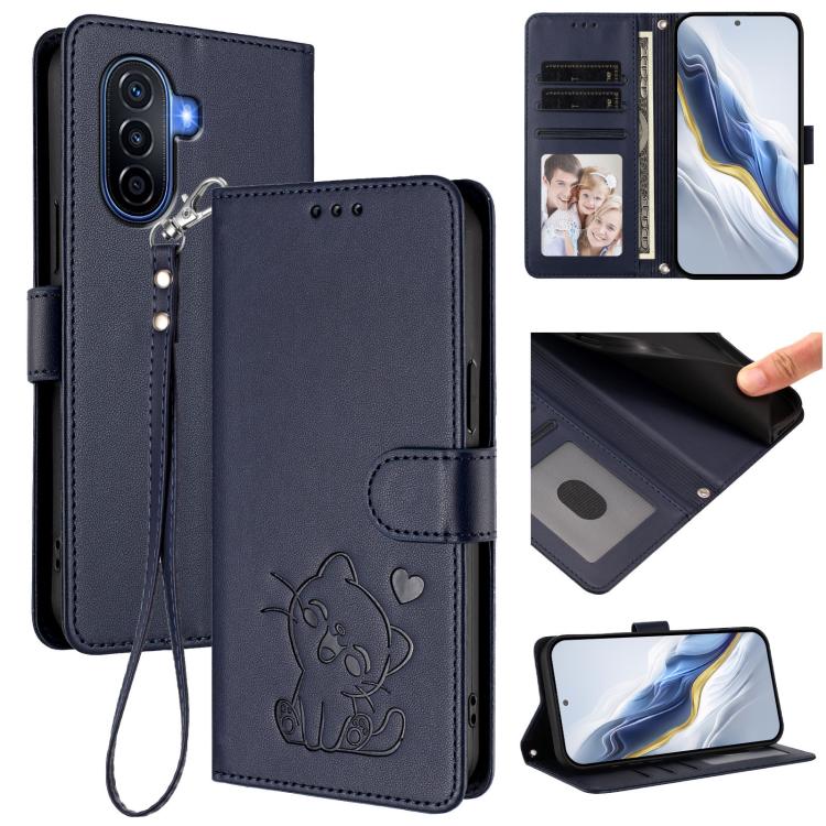Embossed Heart Cat Leather Phone Case with Hand Strap, For Huawei Enjoy 50 / Enjoy 60 / nova Y70, For Huawei P60 Art