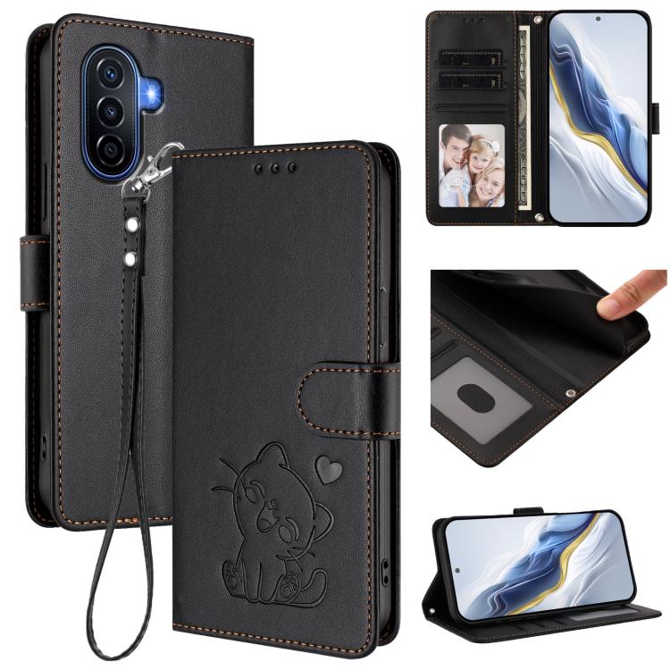 Embossed Heart Cat Leather Phone Case with Hand Strap, For Huawei Enjoy 50 / Enjoy 60 / nova Y70, For Huawei P60 Art