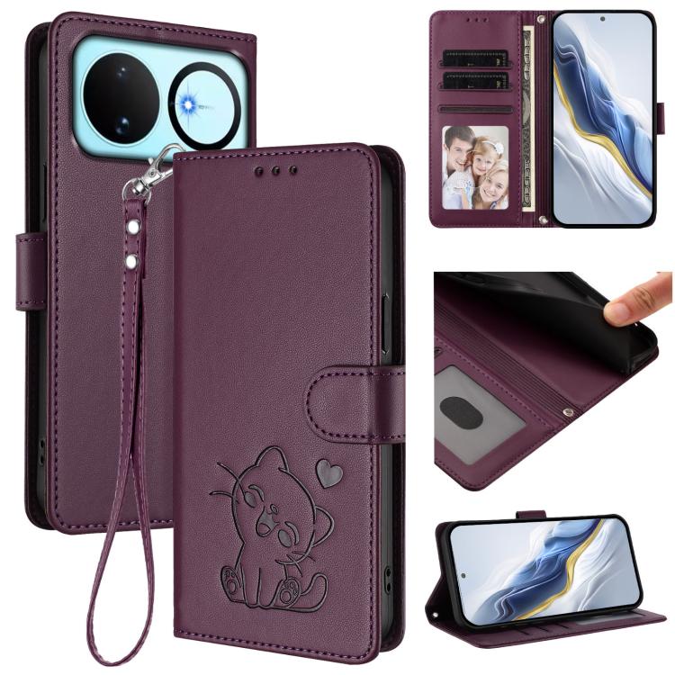 Embossed Heart Cat Leather Phone Case with Hand Strap, For Huawei nova 15 / nova 16z, For Huawei nova 16