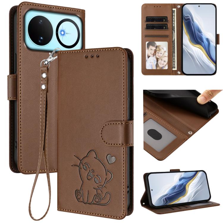 Embossed Heart Cat Leather Phone Case with Hand Strap, For Huawei nova 15 / nova 16z, For Huawei nova 16