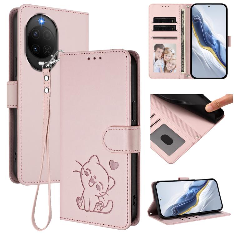 Embossed Heart Cat Leather Phone Case with Hand Strap, For Huawei nova 15 / nova 16z, For Huawei nova 16