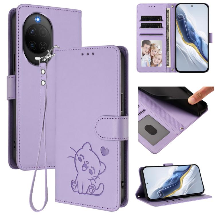 Embossed Heart Cat Leather Phone Case with Hand Strap, For Huawei nova 15 / nova 16z, For Huawei nova 16