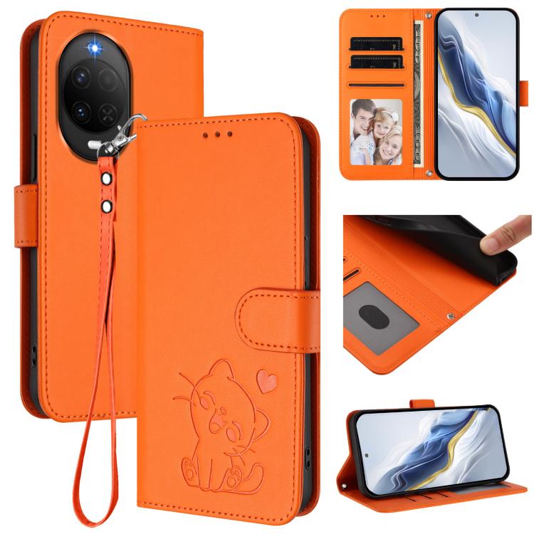 Embossed Heart Cat Leather Phone Case with Hand Strap, For Huawei nova 15 / nova 16z, For Huawei nova 16