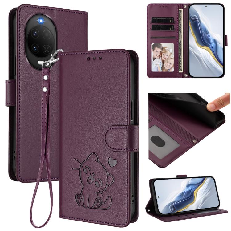 Embossed Heart Cat Leather Phone Case with Hand Strap, For Huawei nova 15 / nova 16z, For Huawei nova 16