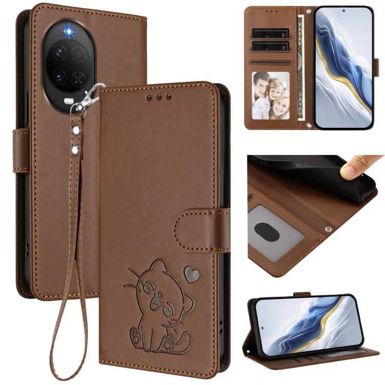 Embossed Heart Cat Leather Phone Case with Hand Strap, For Huawei nova 15 / nova 16z, For Huawei nova 16