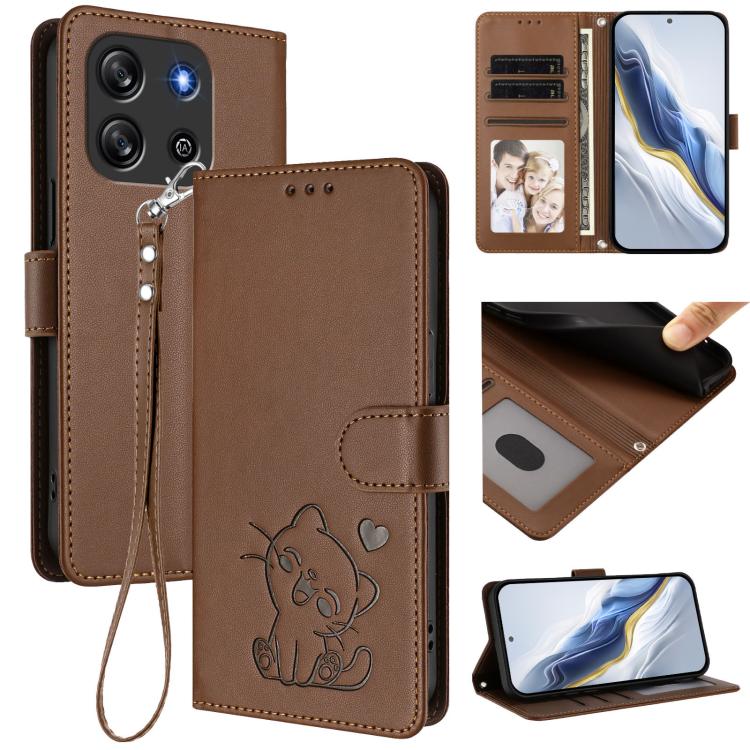 Embossed Heart Cat Leather Phone Case with Hand Strap, For Blackview Oscal Flat 1C, For Blackview Wave 6C