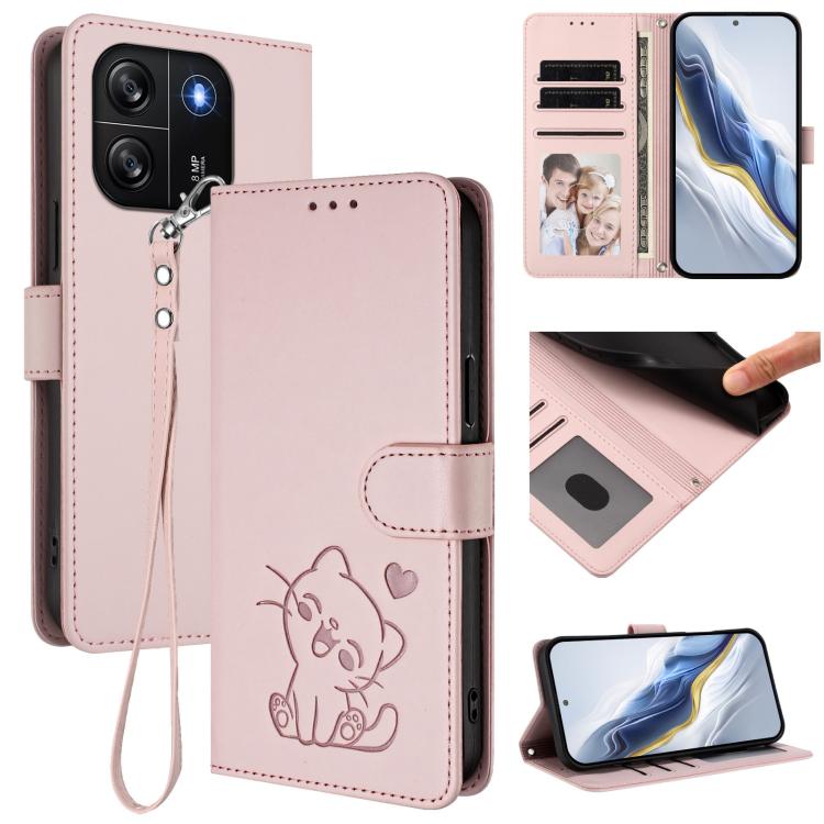 Embossed Heart Cat Leather Phone Case with Hand Strap, For Blackview Oscal Flat 1C, For Blackview Wave 6C