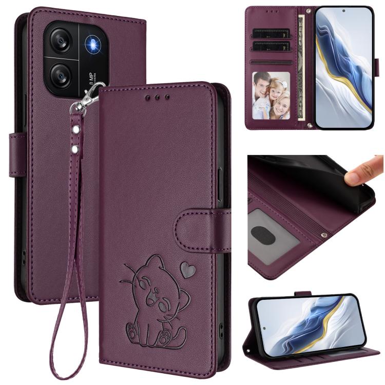 Embossed Heart Cat Leather Phone Case with Hand Strap, For Blackview Oscal Flat 1C, For Blackview Wave 6C