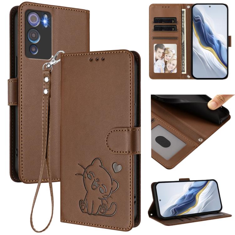 Embossed Heart Cat Leather Phone Case with Hand Strap, For Doogee Note 56 / Note 56 Pro, For Doogee N60 Pro