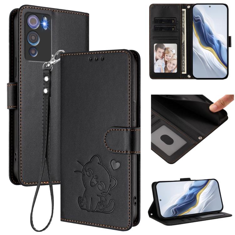 Embossed Heart Cat Leather Phone Case with Hand Strap, For Doogee Note 56 / Note 56 Pro, For Doogee N60 Pro