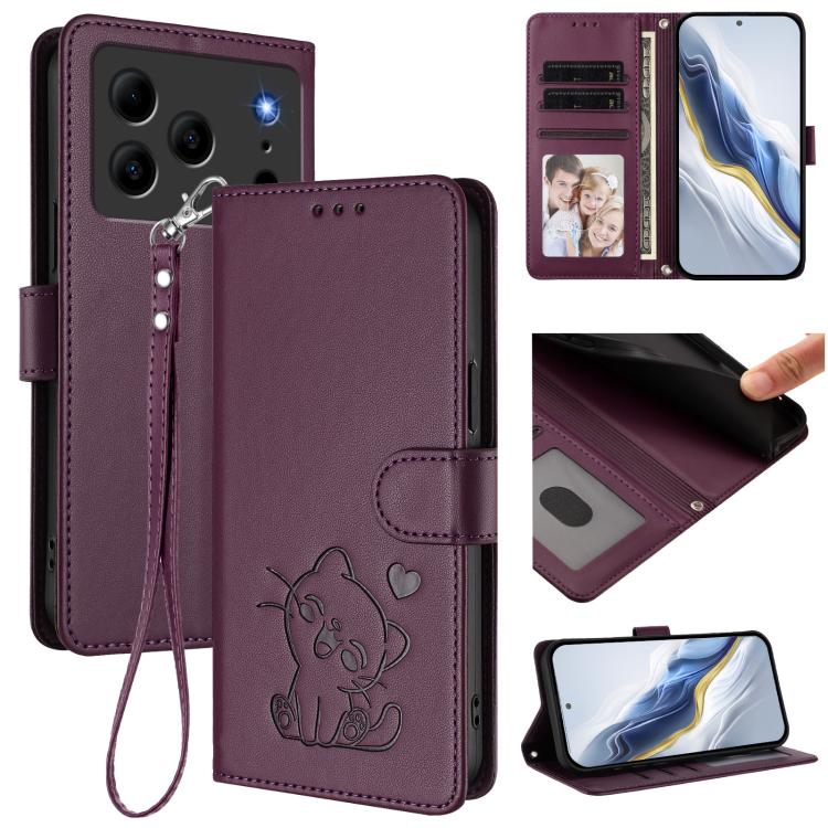 Embossed Heart Cat Leather Phone Case with Hand Strap, For Doogee Note 56 / Note 56 Pro, For Doogee N60 Pro