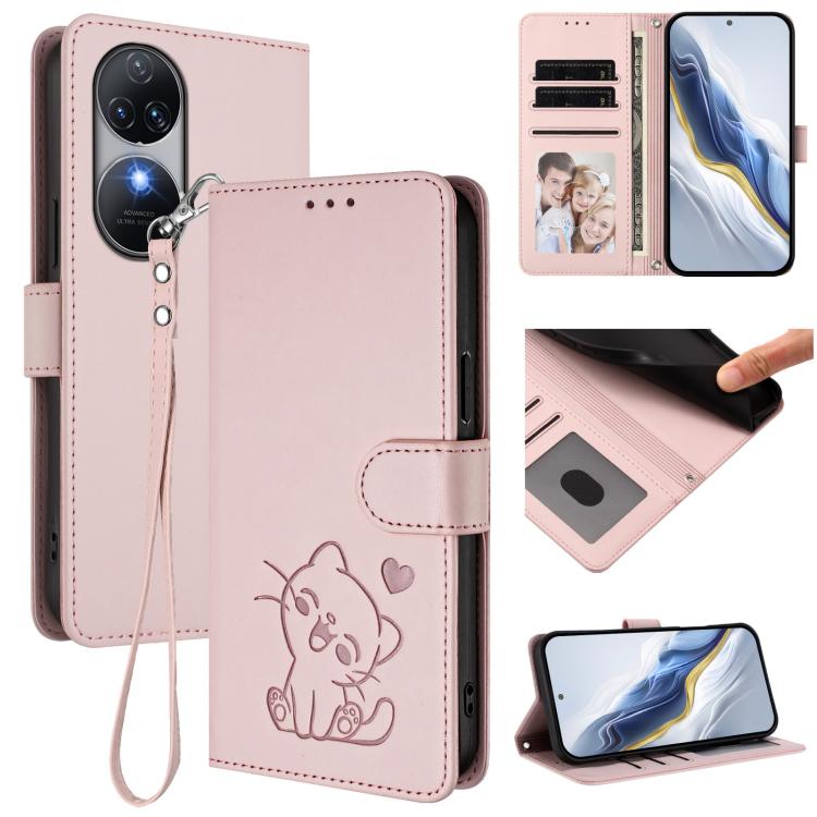 Embossed Heart Cat Leather Phone Case with Hand Strap, For Oukitel C51, For Oukitel C38