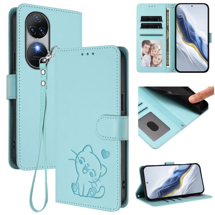 Embossed Heart Cat Leather Phone Case with Hand Strap, For Oukitel C51, For Oukitel C38