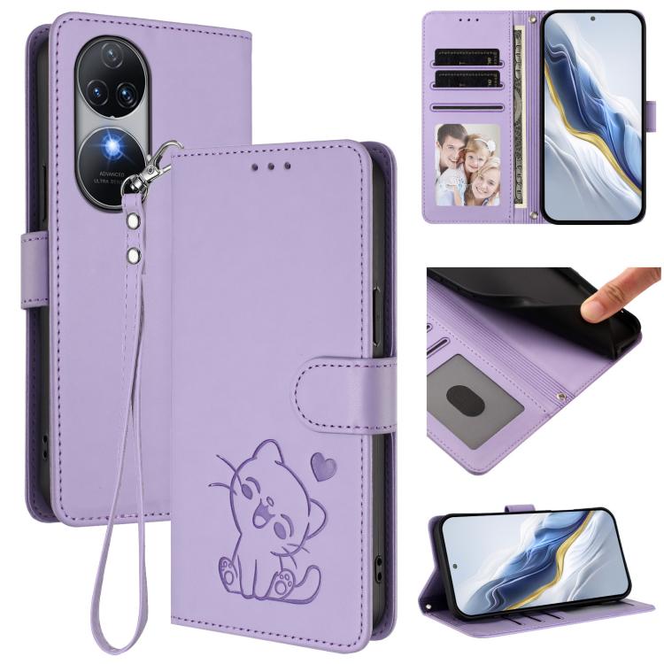 Embossed Heart Cat Leather Phone Case with Hand Strap, For Oukitel C51, For Oukitel C38