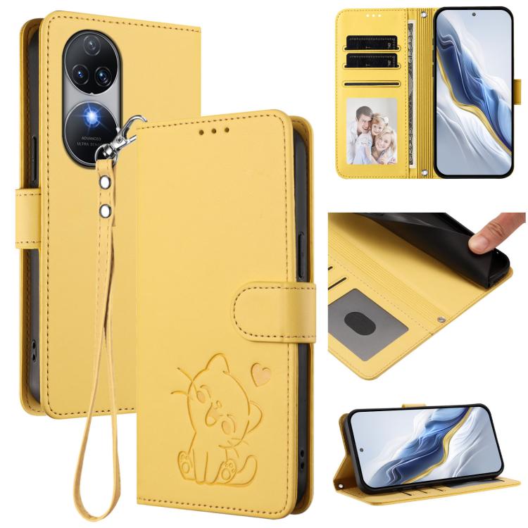 Embossed Heart Cat Leather Phone Case with Hand Strap, For Oukitel C51, For Oukitel C38