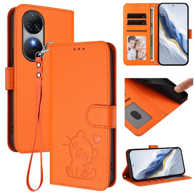 Embossed Heart Cat Leather Phone Case with Hand Strap, For Oukitel C51, For Oukitel C38