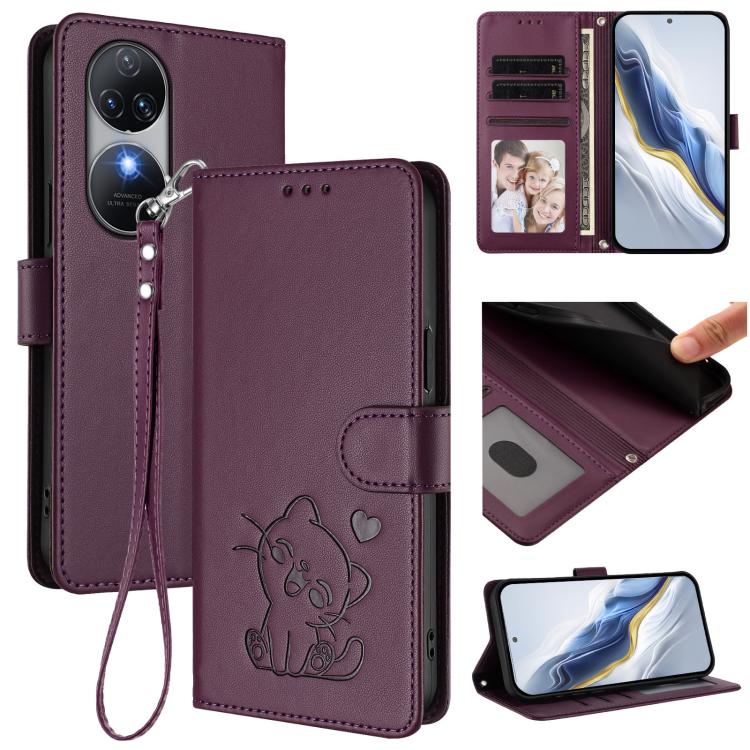 Embossed Heart Cat Leather Phone Case with Hand Strap, For Oukitel C51, For Oukitel C38