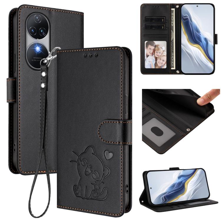 Embossed Heart Cat Leather Phone Case with Hand Strap, For Oukitel C51, For Oukitel C38