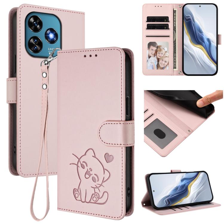 Embossed Heart Cat Leather Phone Case with Hand Strap, For Oukitel C51, For Oukitel C38