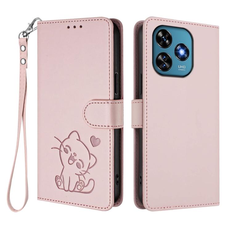 Embossed Heart Cat Leather Phone Case with Hand Strap, For Oukitel C51, For Oukitel C38