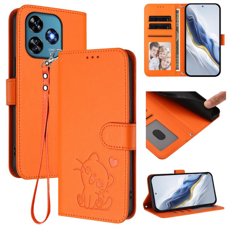 Embossed Heart Cat Leather Phone Case with Hand Strap, For Oukitel C51, For Oukitel C38