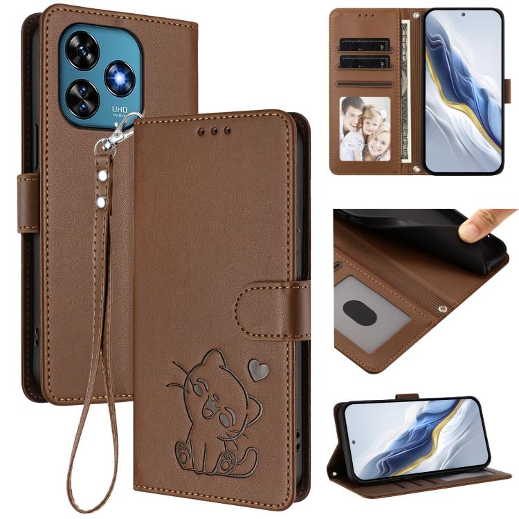 Embossed Heart Cat Leather Phone Case with Hand Strap, For Oukitel C51, For Oukitel C38