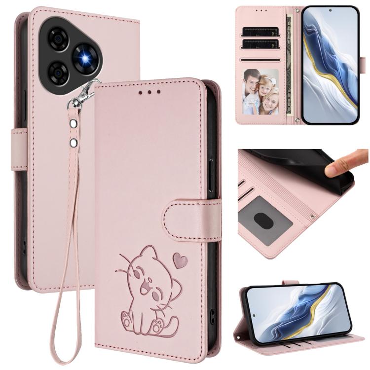 Embossed Heart Cat Leather Phone Case with Hand Strap, For Ulefone Note 20 Pro, For Ulefone Note 19