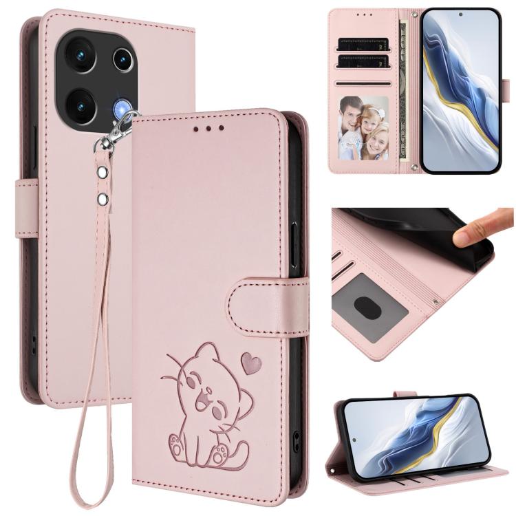 Embossed Heart Cat Leather Phone Case with Hand Strap, For Umidigi G100, For Umidigi Note 100
