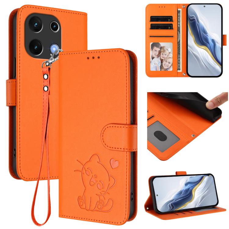 Embossed Heart Cat Leather Phone Case with Hand Strap, For Umidigi G100, For Umidigi Note 100
