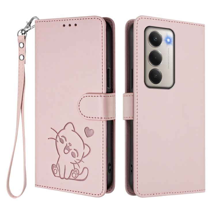 Embossed Heart Cat Leather Phone Case with Hand Strap, For Redmi 15 5G Global / 15 4G SEA 169.5mm, For Redmi 15 5G / 4G EU 171mm
