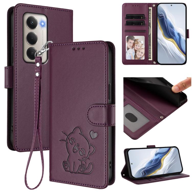 Embossed Heart Cat Leather Phone Case with Hand Strap, For Redmi 15 5G Global / 15 4G SEA 169.5mm, For Redmi 15 5G / 4G EU 171mm