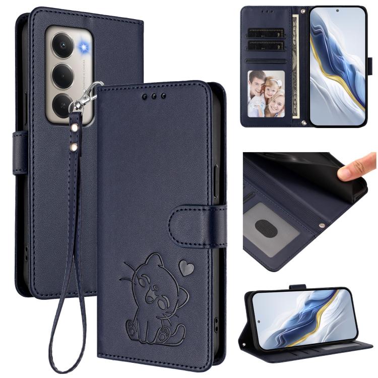 Embossed Heart Cat Leather Phone Case with Hand Strap, For Redmi 15 5G Global / 15 4G SEA 169.5mm, For Redmi 15 5G / 4G EU 171mm