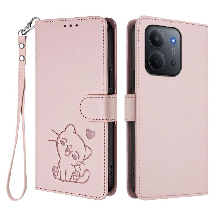Embossed Heart Cat Leather Phone Case with Hand Strap, For Redmi 15C 5G / 4G Global 171mm / Poco C85 4G, For Redmi 13 4G / 5G / 13x / Xiaomi Poco M6 4G