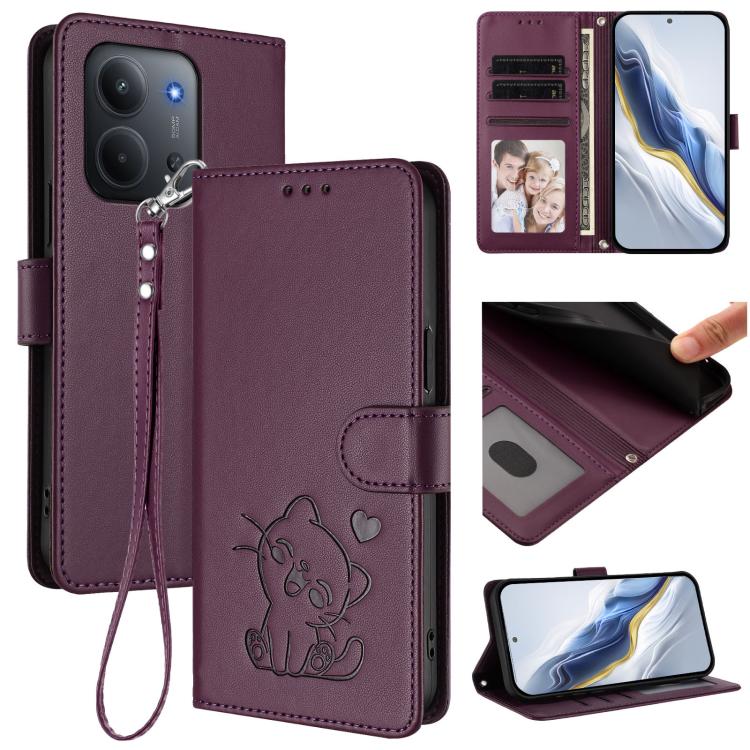 Embossed Heart Cat Leather Phone Case with Hand Strap, For Redmi 15C 5G / 4G Global 171mm / Poco C85 4G, For Redmi 13 4G / 5G / 13x / Xiaomi Poco M6 4G