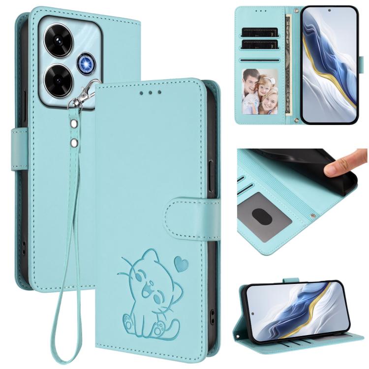 Embossed Heart Cat Leather Phone Case with Hand Strap, For Redmi 15C 5G / 4G Global 171mm / Poco C85 4G, For Redmi 13 4G / 5G / 13x / Xiaomi Poco M6 4G