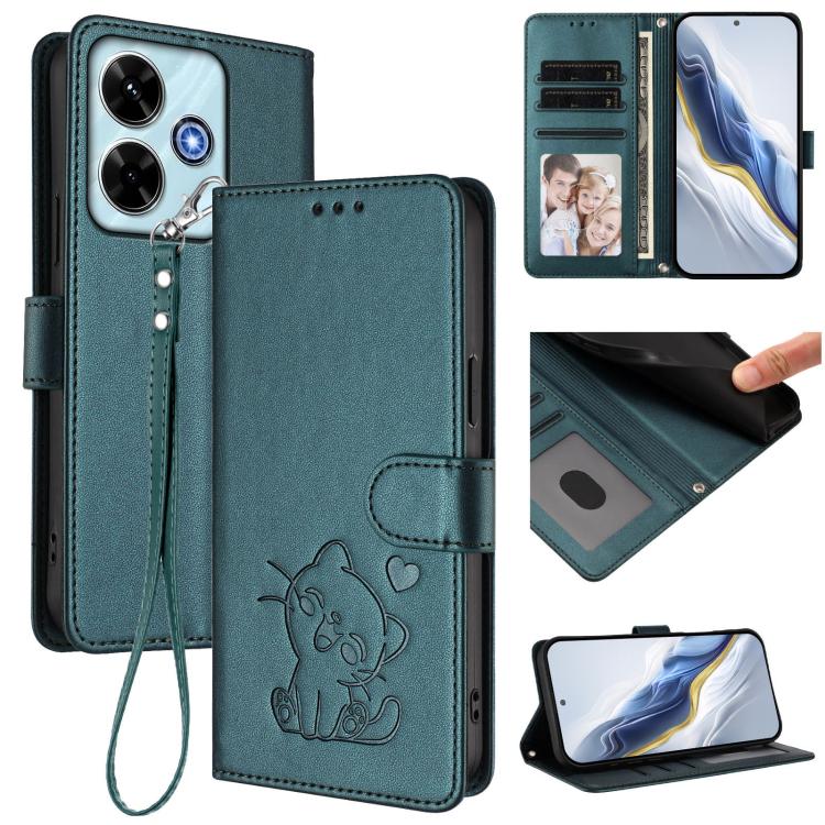 Embossed Heart Cat Leather Phone Case with Hand Strap, For Redmi 15C 5G / 4G Global 171mm / Poco C85 4G, For Redmi 13 4G / 5G / 13x / Xiaomi Poco M6 4G