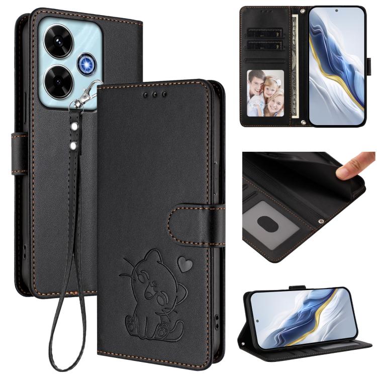 Embossed Heart Cat Leather Phone Case with Hand Strap, For Redmi 15C 5G / 4G Global 171mm / Poco C85 4G, For Redmi 13 4G / 5G / 13x / Xiaomi Poco M6 4G