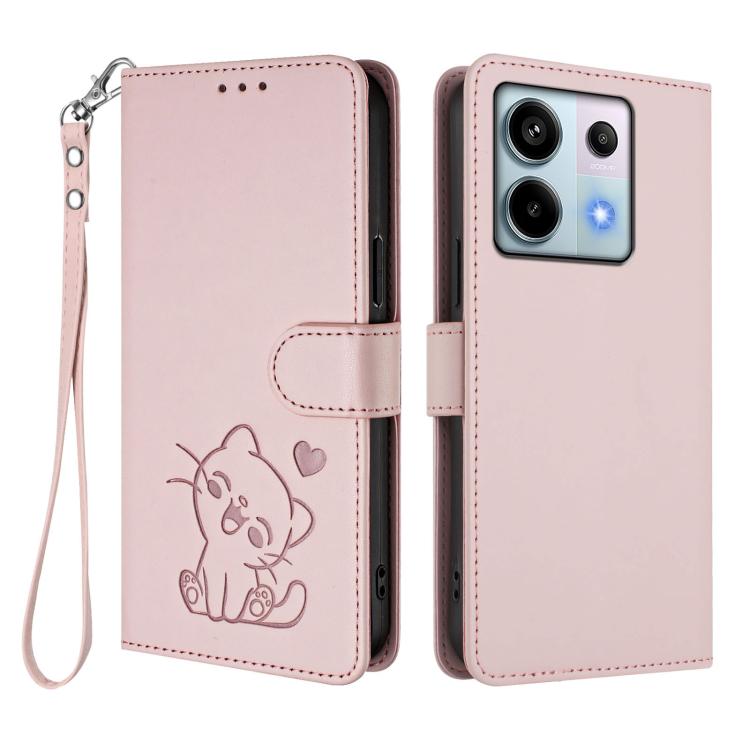Embossed Heart Cat Leather Phone Case with Hand Strap, For Redmi Note 13 Pro 5G Global, For Redmi Note 13 5G Global