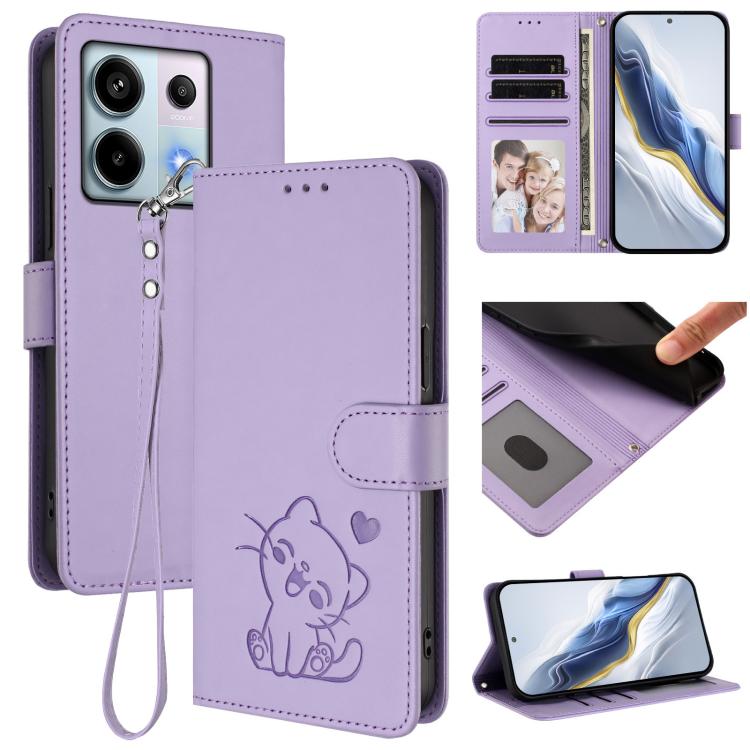 Embossed Heart Cat Leather Phone Case with Hand Strap, For Redmi Note 13 Pro 5G Global, For Redmi Note 13 5G Global