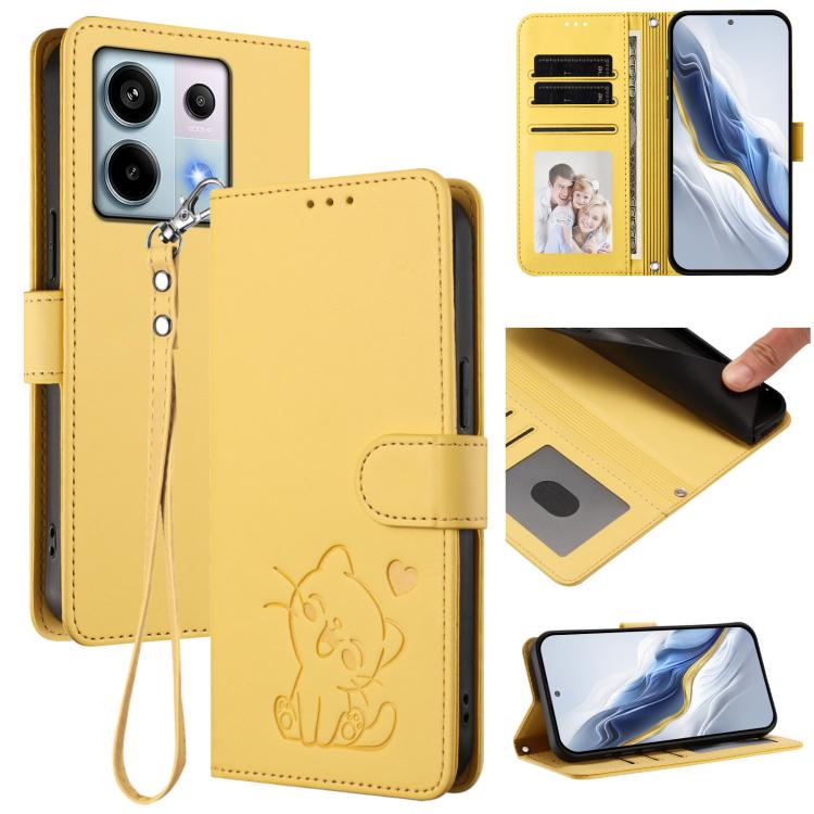 Embossed Heart Cat Leather Phone Case with Hand Strap, For Redmi Note 13 Pro 5G Global, For Redmi Note 13 5G Global