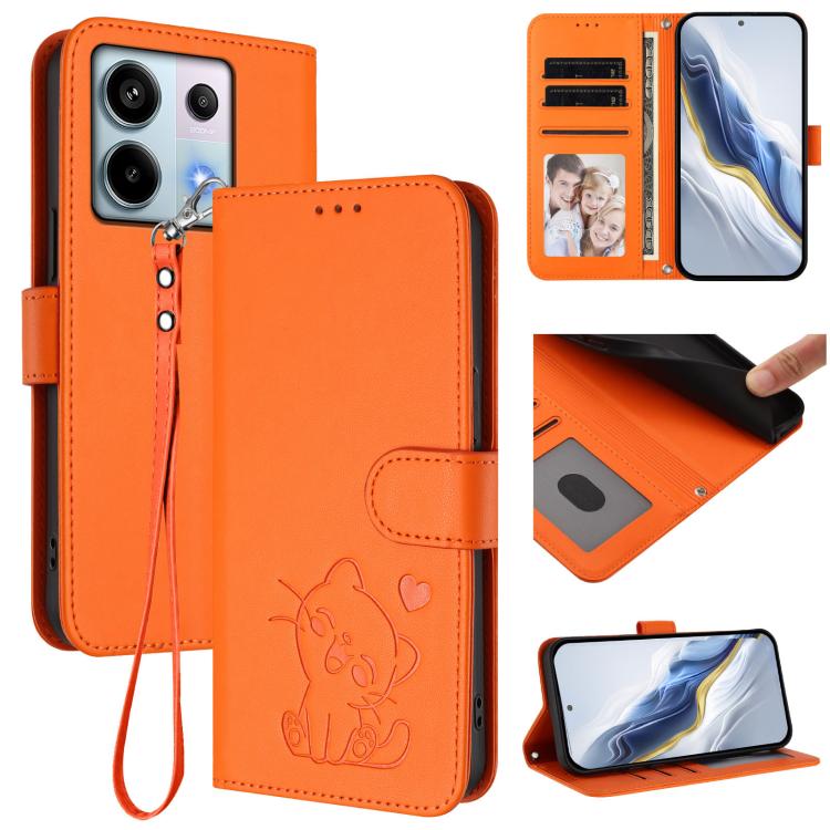 Embossed Heart Cat Leather Phone Case with Hand Strap, For Redmi Note 13 Pro 5G Global, For Redmi Note 13 5G Global