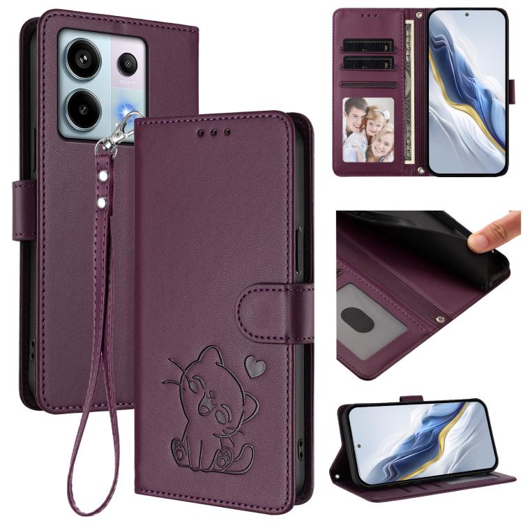Embossed Heart Cat Leather Phone Case with Hand Strap, For Redmi Note 13 Pro 5G Global, For Redmi Note 13 5G Global