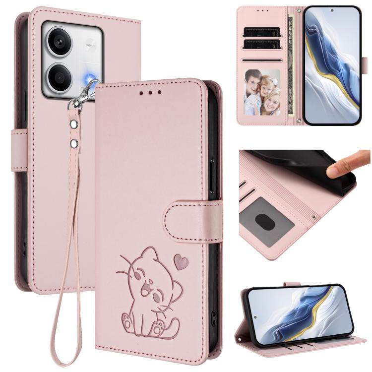 Embossed Heart Cat Leather Phone Case with Hand Strap, For Redmi Note 13 Pro 5G Global, For Redmi Note 13 5G Global