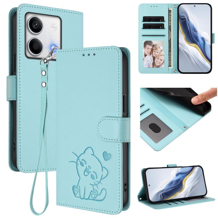 Embossed Heart Cat Leather Phone Case with Hand Strap, For Redmi Note 13 Pro 5G Global, For Redmi Note 13 5G Global